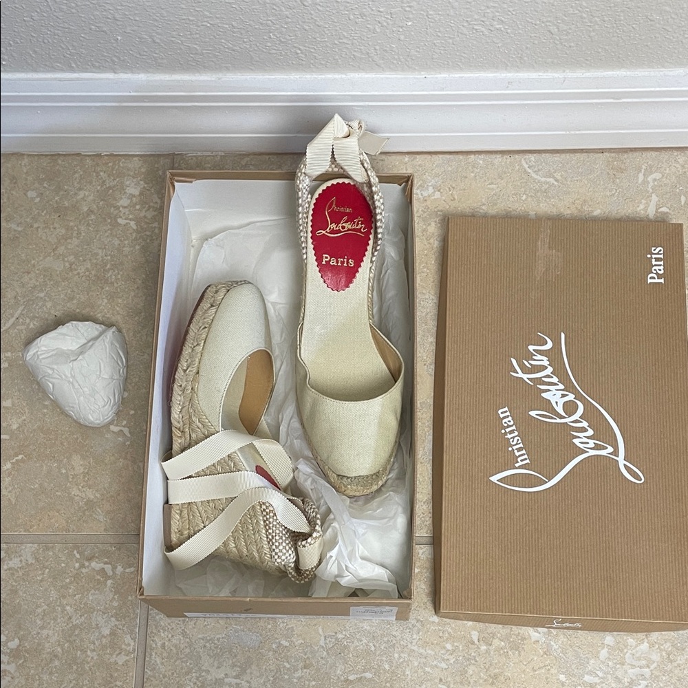 New Christian Louboutin Brigitte Cream Espadrille 5 Wedges 35 - Picture 3 of 17